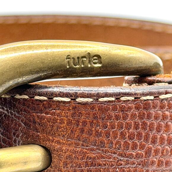 Vintage 90s Furla Brown Lizard Embossed Leather Brass Buckle Belt main image 6
